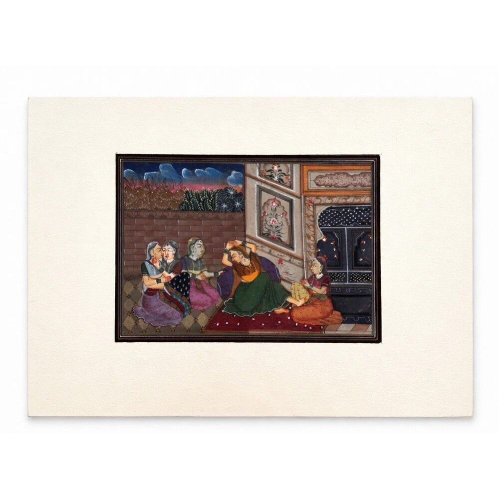 Antique Indian Miniature Painting Palace Scene Persian Script on Back 5.5” x 9”